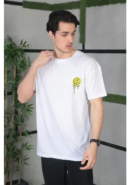 Unisex Bisiklet Yaka Baskılı Oversize T-Shirt - Beyaz fiyatları