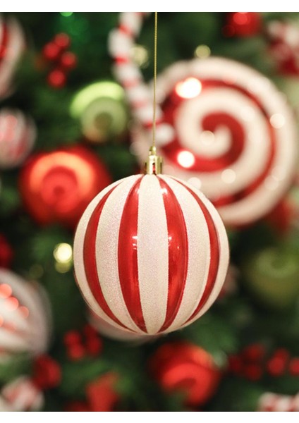 Yılbaşı Topu Dilim Desenli Dekoratif Çam Ağacı Süsü Kırmızı Beyaz 10 cm 4'lü Set