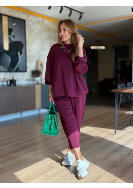 Kadın Uzun Kollu Bisiklet Yaka Viskon Iki Iplik Mor Bluz ve Pantolon Ikili Takım