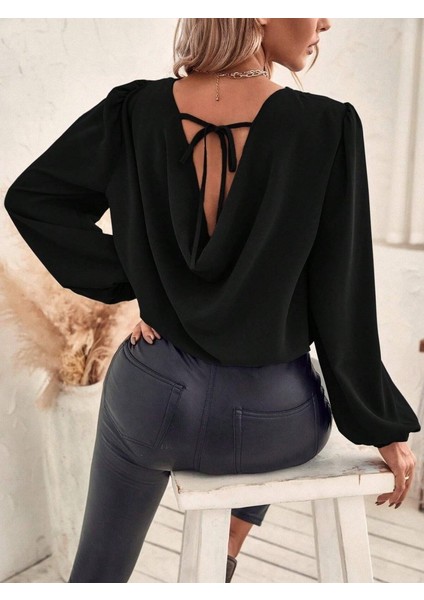 Kadın Uzun Kollu Yuvarlak Yaka Arkadan Bağcıklı Salaş Ithal Krep Bluz