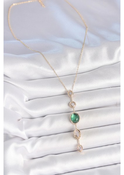 Pirinç Zincir Zümrüt Yeşil Gold Renk Zirkon Taşlı Y Kolye fiyatları