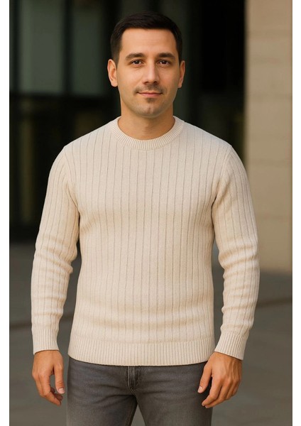 Erkek Bisiklet Yuvarlak Yaka Triko Kazak Pamuklu Kalın Fitilli Dokuma, Regular Fit Uzun Kollu Kış fiyatları