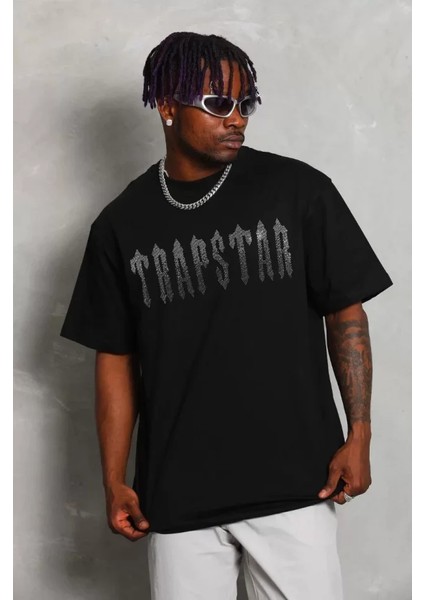 Unisex Oversize Taşlı Bisiklet Yaka T-Shirt - Siyah modelleri