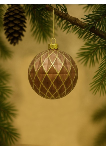 Yılbaşı Topu Altın Eskitme Detaylı Geometrik Form Çam Ağacı Süsü Bakır 8 cm 3'lü