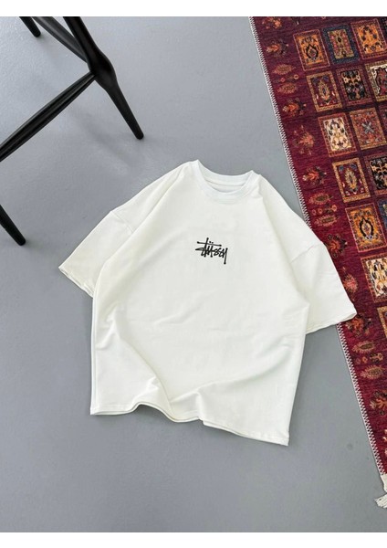 Erkek Baskılı Oversize T-Shirt - Beyaz