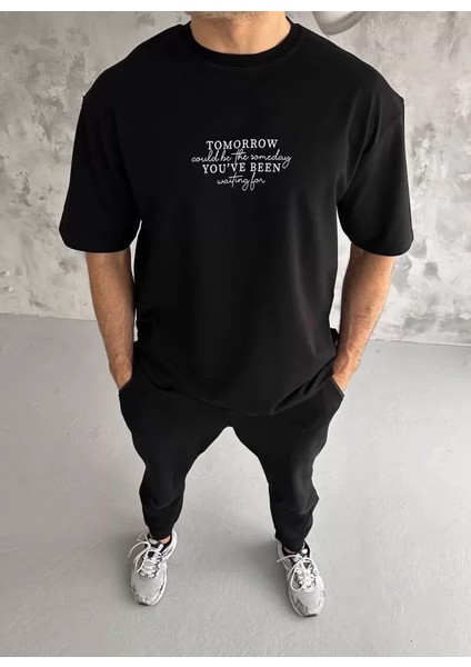 Unisex Bisiklet Yaka Baskılı Oversize T-Shirt - Siyah