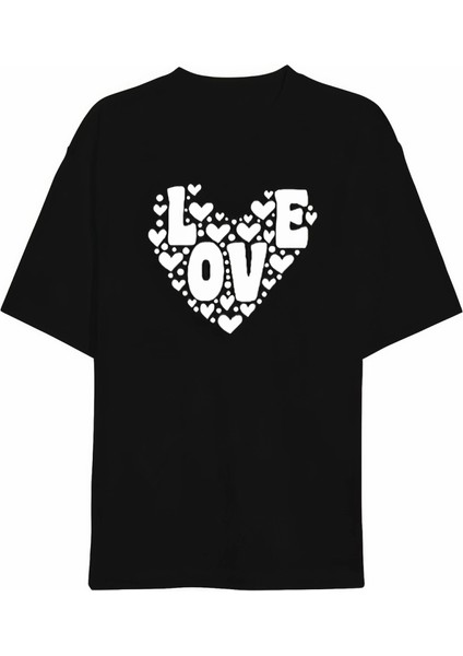 Sevgililer Günü Için Özel Tasarım Love Kalp Baskılı T-Shirt - Siyah