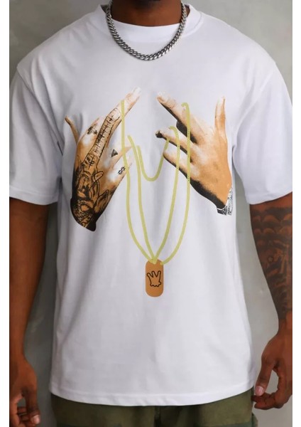 Unisex Baskılı Oversize T-Shirt - Beyaz
