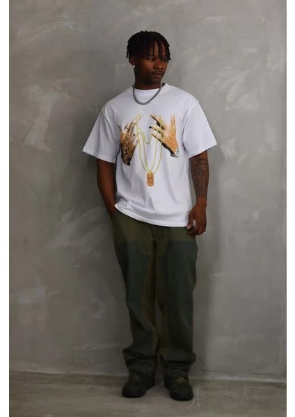 Unisex Baskılı Oversize T-Shirt - Beyaz modelleri