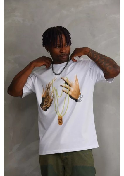 Unisex Baskılı Oversize T-Shirt - Beyaz fırsatları