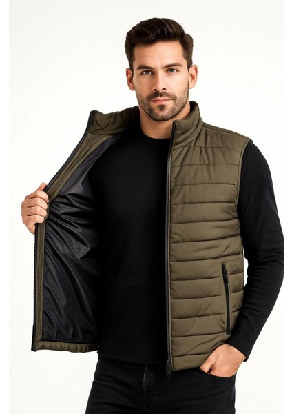 Erkek Şişme Fermuarlı Yelek Su Itici Kapitone Astarlı Kumaş Cepli Hafif Kışlık Spor Rahat Ka