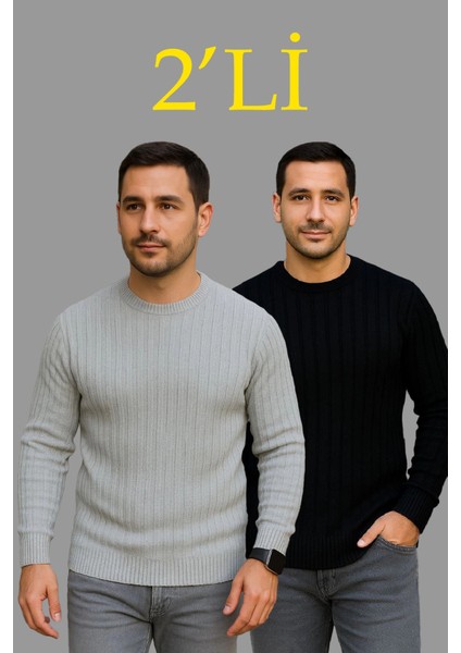 Erkek Fitilli Triko Kazak 2’li Set – Siyah - Gri, Kalın Dokuma Pamuklu Regular Fit Bisiklet Yak