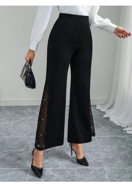 Kadın Yüksek Bel Yanlardan Tül Detaylı Ithal Krep Pantolon indirimleri