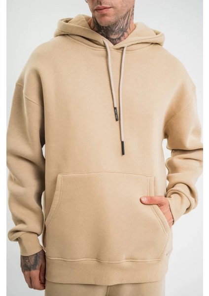 Unisex Double Oversize Kapşonlu Basic Sweatshirt - Bej