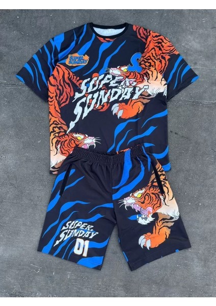 Erkek Dijital Baskılı Şortlu Takım - Mavi fiyatları