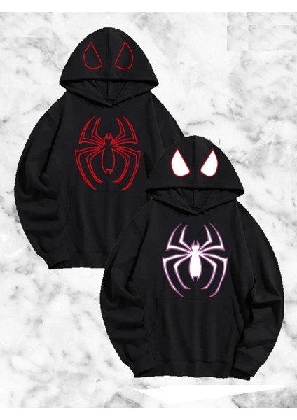 Örümcek Baskılı Sevgili Çift Kombini Kapüşonlu Sweatshirt - Hodie - Siyah