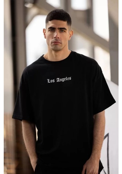 Unisex Bisiklet Yaka Baskılı Oversize T-Shirt - Siyah