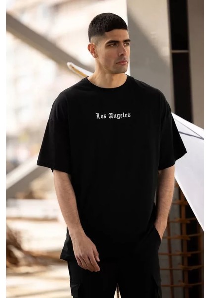 Unisex Bisiklet Yaka Baskılı Oversize T-Shirt - Siyah fiyatları