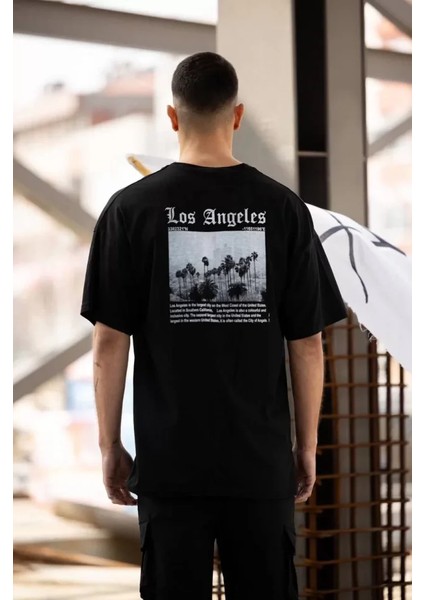 Unisex Bisiklet Yaka Baskılı Oversize T-Shirt - Siyah modelleri