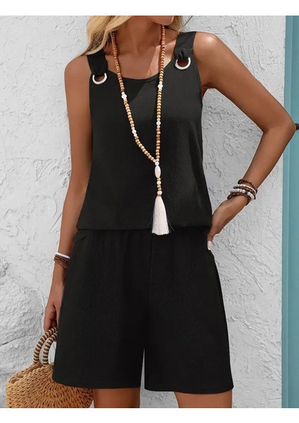 Kadın Askılı Yuvarlak Yaka Kuş Gözü Detaylı Bürümcük Bluz ve Short Ikili Takım modelleri