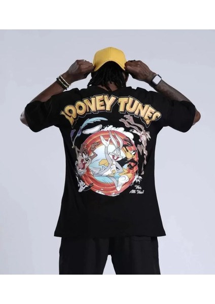 Unisex Bisiklet Yaka Baskılı Oversize T-Shirt - Siyah modelleri