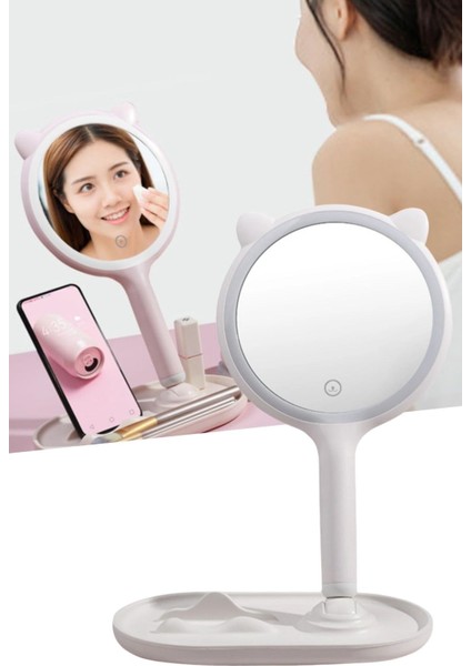 Buffer® Kedi Kulaklı Telefon Standlı Yuvarlak Dokunmatik LED Ayarlı Masa Üstü Makyaj Aynası