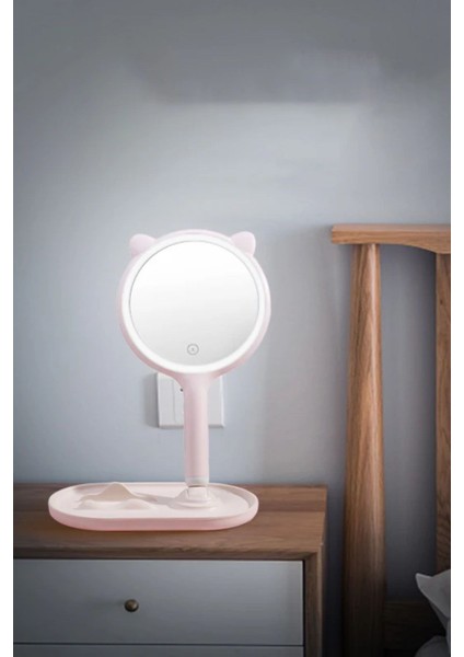 Buffer® Kedi Kulaklı Telefon Standlı Yuvarlak Dokunmatik LED Ayarlı Masa Üstü Makyaj Aynası