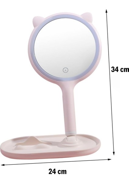 Buffer® Kedi Kulaklı Telefon Standlı Yuvarlak Dokunmatik LED Ayarlı Masa Üstü Makyaj Aynası