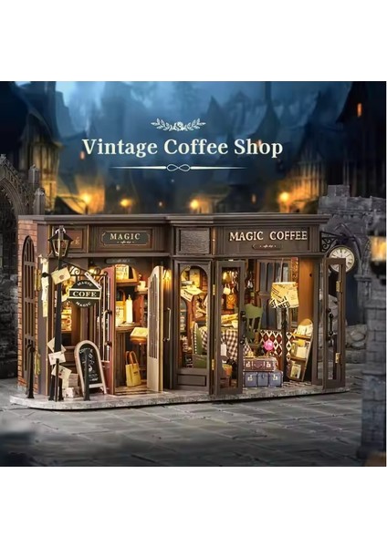 Vintage Coffee Shop - Book Nook Sihirli Kütüphane Kiti - 3D Ahşap Puzzle Dollhouse - Dıy Minyatür Kitaplık Dekorasyonu Maket Seti (F41B) - Vintage Kahve Dükkanı