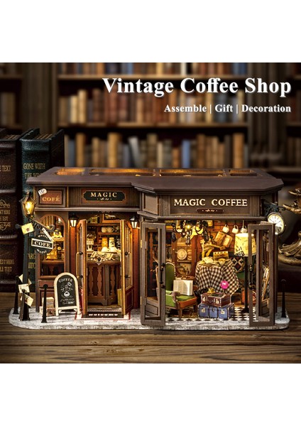 Vintage Coffee Shop - Book Nook Sihirli Kütüphane Kiti - 3D Ahşap Puzzle Dollhouse - Dıy Minyatür Kitaplık Dekorasyonu Maket Seti (F41B) - Vintage Kahve Dükkanı fiyatları