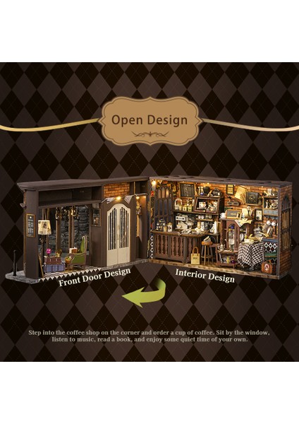 Vintage Coffee Shop - Book Nook Sihirli Kütüphane Kiti - 3D Ahşap Puzzle Dollhouse - Dıy Minyatür Kitaplık Dekorasyonu Maket Seti (F41B) - Vintage Kahve Dükkanı modelleri