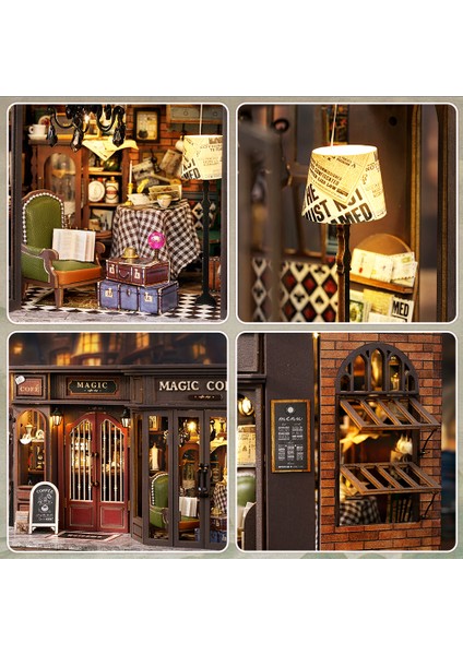 Vintage Coffee Shop - Book Nook Sihirli Kütüphane Kiti - 3D Ahşap Puzzle Dollhouse - Dıy Minyatür Kitaplık Dekorasyonu Maket Seti (F41B) - Vintage Kahve Dükkanı indirimleri