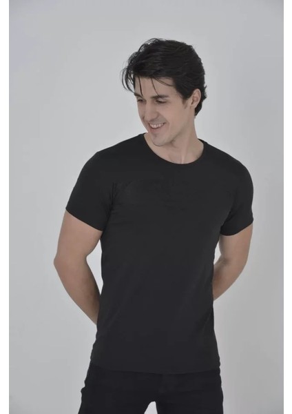 Erkek Gögüs Fileli Slim Fit T-Shirt - Siyah