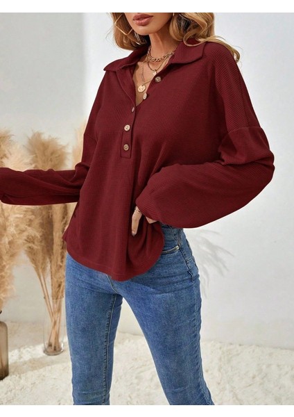 Kadın Uzun Kollu Yakalı Düğmeli Salaş Waffle Bluz fırsatları