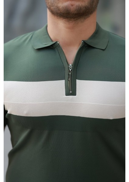 Erkek Fermuar Yakalı Şerit Renk Desenli Kısa Kollu Tişört modelleri