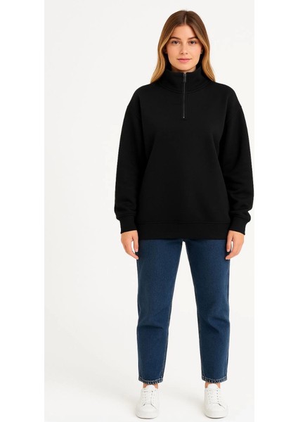 Üç Iplik Dık Yaka Yarım Fermuarlı Sweatshirt - Siyah fiyatları