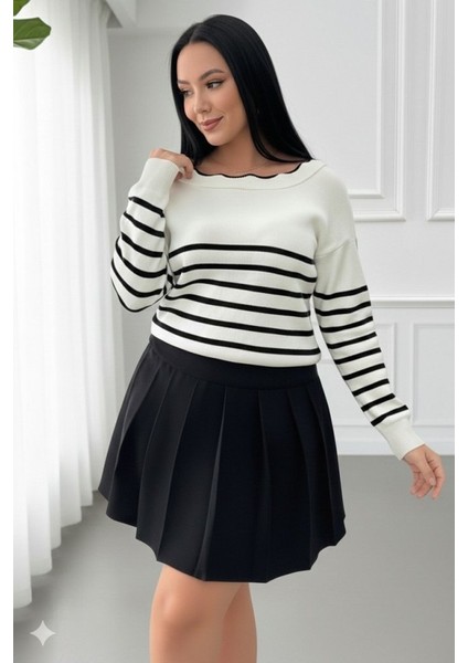 Kadın Beyaz Sırt Bağlama Detaylı Çizgi Desen Triko Bluz modelleri