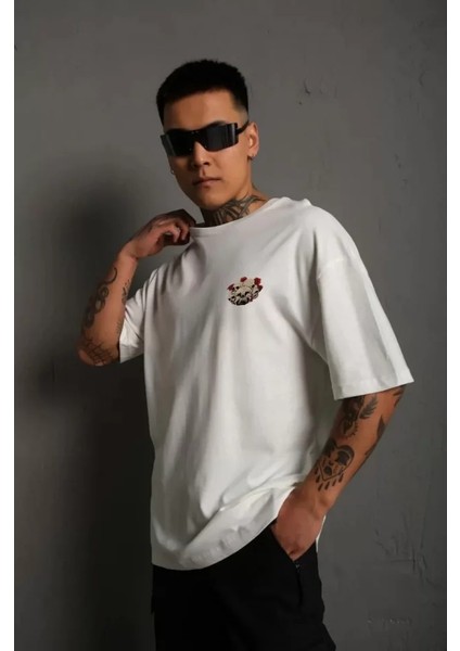 Unisex Bisiklet Yaka Baskılı Oversize T-Shirt - Beyaz