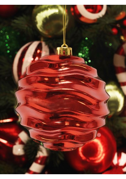 Yılbaşı Topu Metalik Dalgalı Tasarım Çam Ağacı Süsü Kırmızı 15 cm Tekli