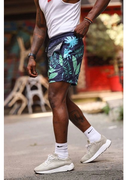 Erkek Palmiye Desenli Deniz Cepli Şort - Mavi fiyatları