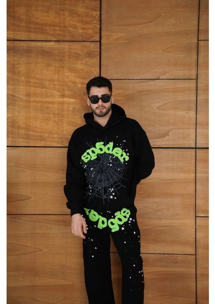 Erkek Kapüşonlu Eşofman Takım Örümcek Ağı ve Neon Yeşil Baskılı Kanguru Cepli Oversize Ra modelleri