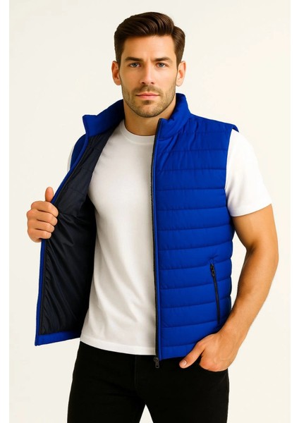 Erkek Şişme Fermuarlı Yelek Su Itici Kapitone Astarlı Kumaş Cepli Hafif Kışlık Spor Rahat Ka