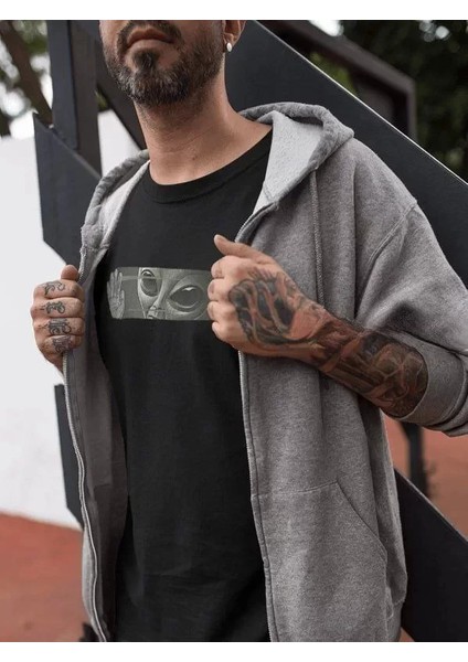 Unisex Bisiklet Yaka Baskılı Oversize T-Shirt - Siyah