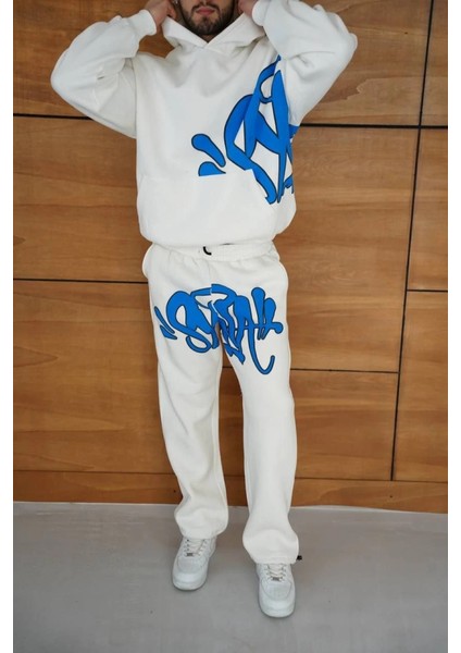 Erkek Kapüşonlu Eşofman Takım Graffiti Baskılıoversize Rahat Kalıp, Kanguru Cepli, Streetwear