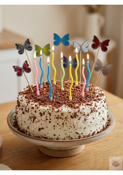 Renkli Kelebek Cake Topper ve Makaron Dalgalı Mum Seti 12’li
