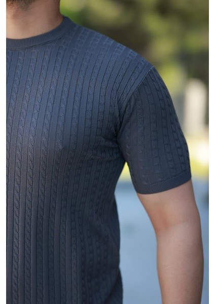 Erkek Bisiklet Yaka Örgü Desenli Kısa Örme Triko Kısa Kollu T-Shirt modelleri