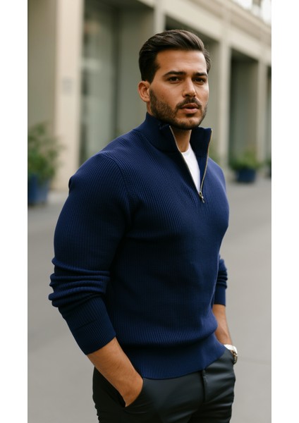 Erkek Balıkçı Zip Yaka Uzun Kollu Triko