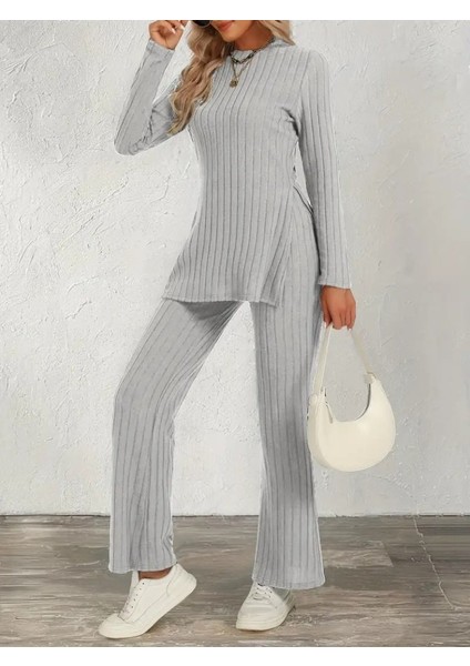 Kadın Uzun Kollu Bisiklet Yaka Yandan Yırtmaçlı Şardonlu Kaşkorse Bluz ve Pantolon Ikili Takı fırsatları