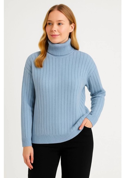 Balıkcı Yaka Bağazlı Triko Kazak Pamuklu Kalın Fitilli Dokuma - Bebek Mavisi