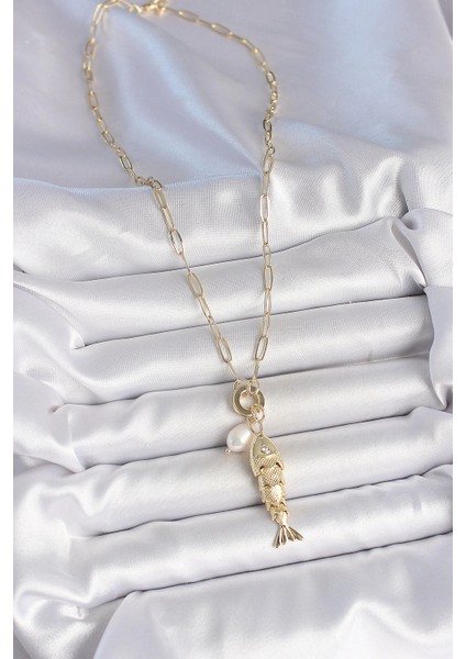 Inci Detaylı Zirkon Taşlı Balık Figürlü Gold Renk Pirinç Kolye fiyatları